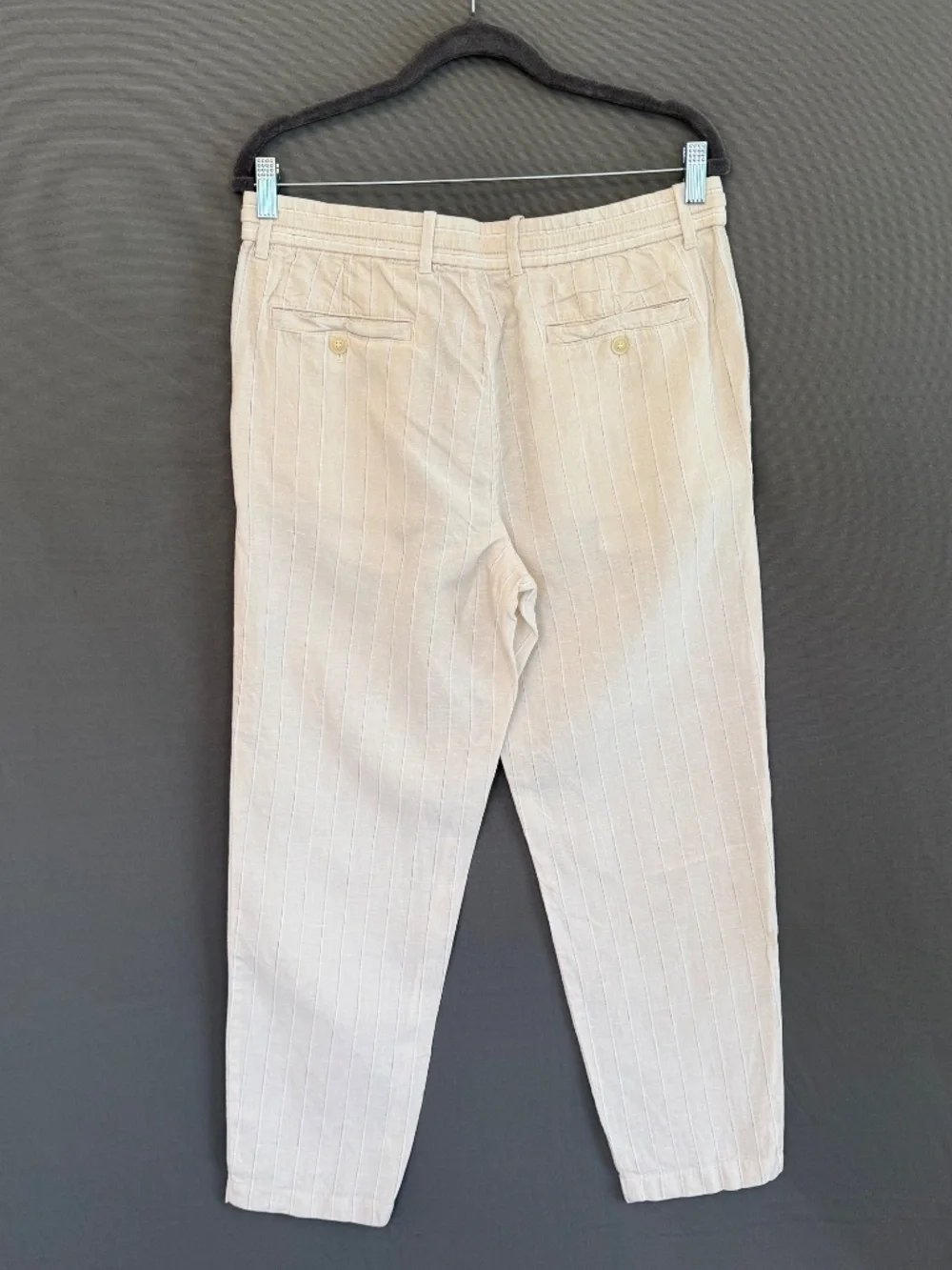 MANGO MNG Women’s Size 10 Cream Pinstripe Tie Waist 100% Linen Ankle Pants